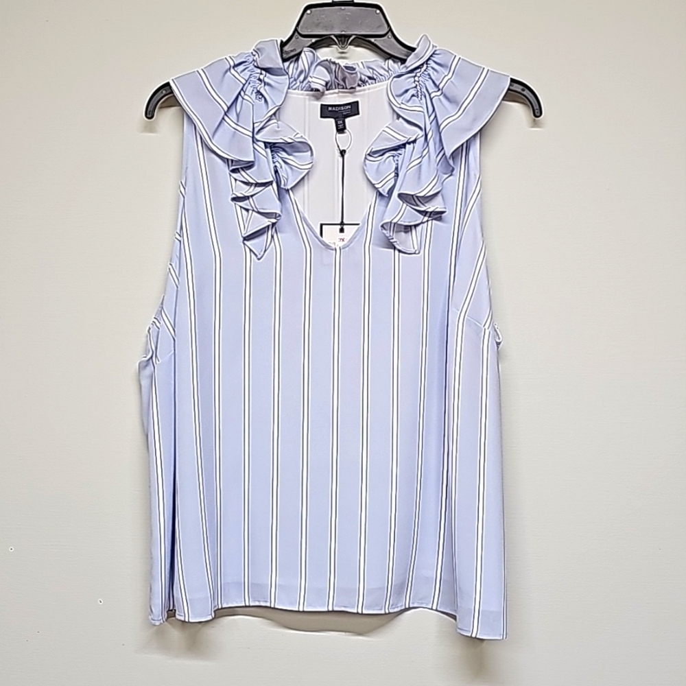 Madison Curvy ruffle v-neck stripe sleeveless blouse, blue white, 3X, NEW